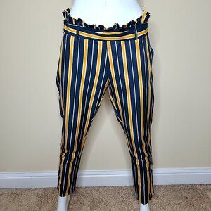 Studio F Blue/Yellow Striped Belted Ankle Length Pants SZ 8